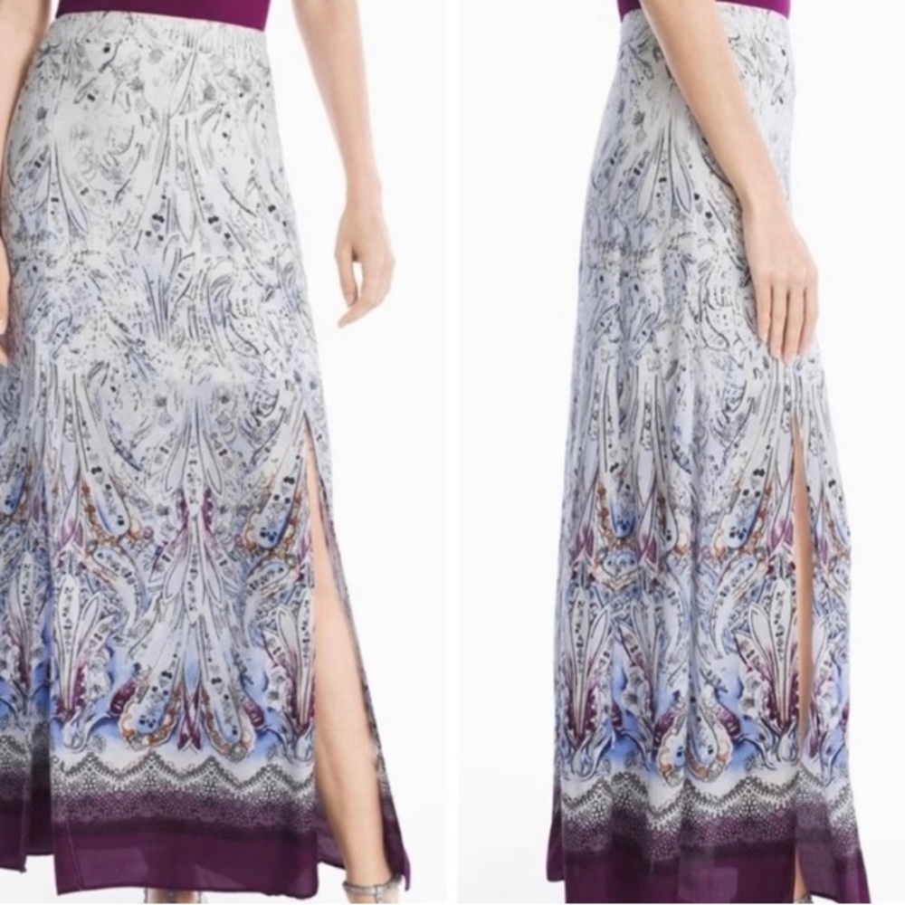White House Black Market white purple and black maxi skirt EUC like new